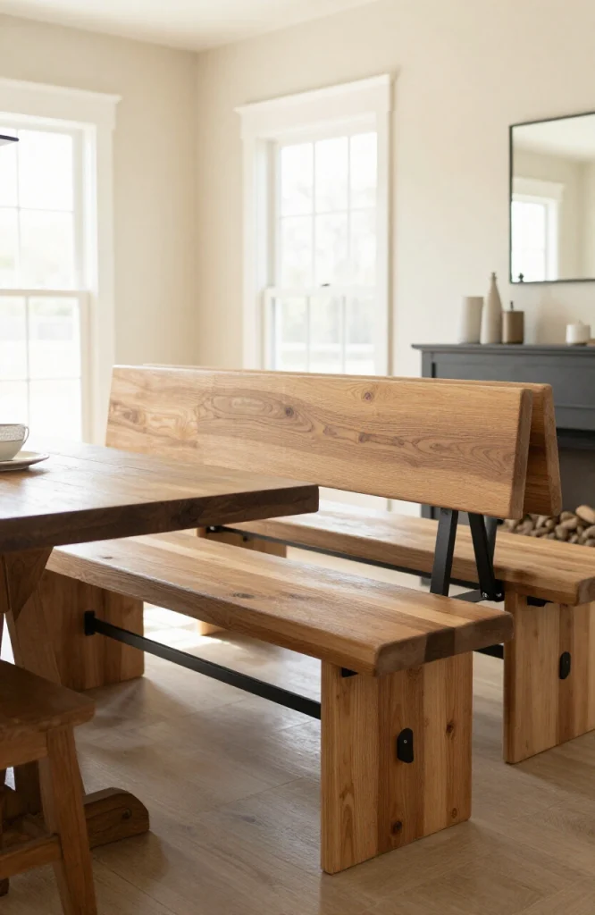 Wooden bench with adjustable height backrest mechanism allowing customizable support angle and positioning