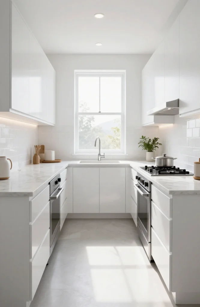 Minimalist all-white parallel kitchen layout with light cabinetry, countertops, and appliances maximizing small space functio