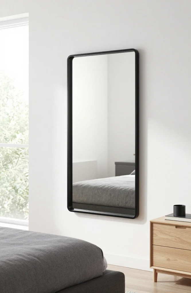Black metal framed moss mirror mounted on wall creating modern contrast with preserved moss backdrop