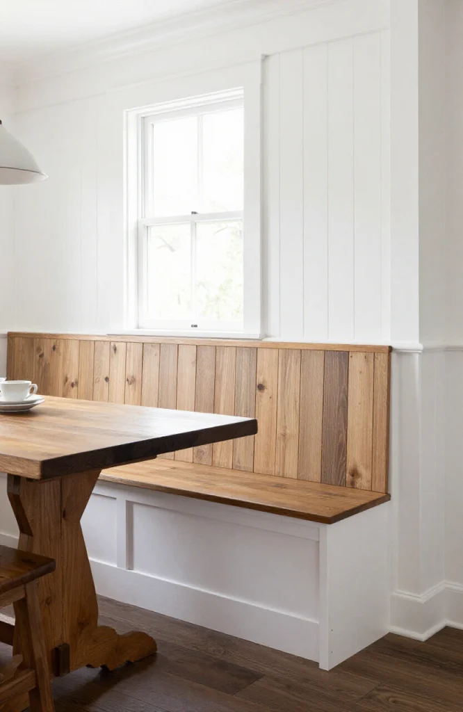 DIY wooden bench backrest with vertical board-and-batten paneling design matching wainscoting wall treatment
