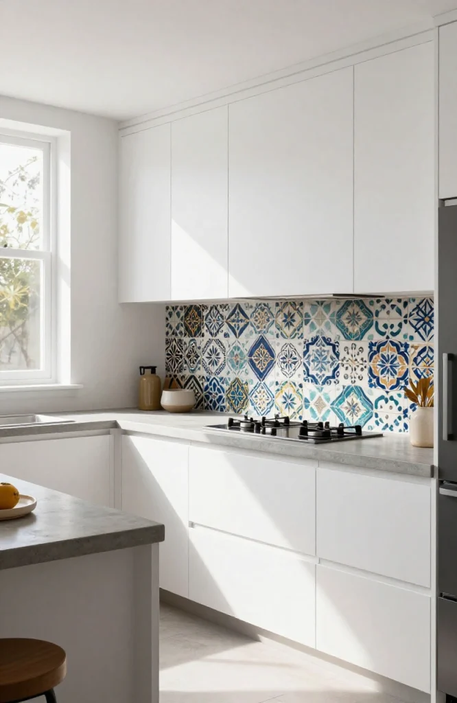 Modern parallel kitchen with bold patterned backsplash serving as the primary focal point above the countertop