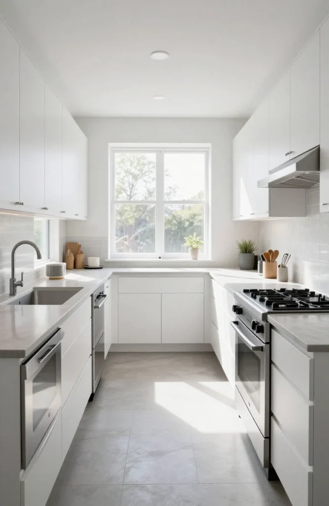 Modern parallel kitchen with white cabinets, stainless steel appliances, and minimalist design on a budget