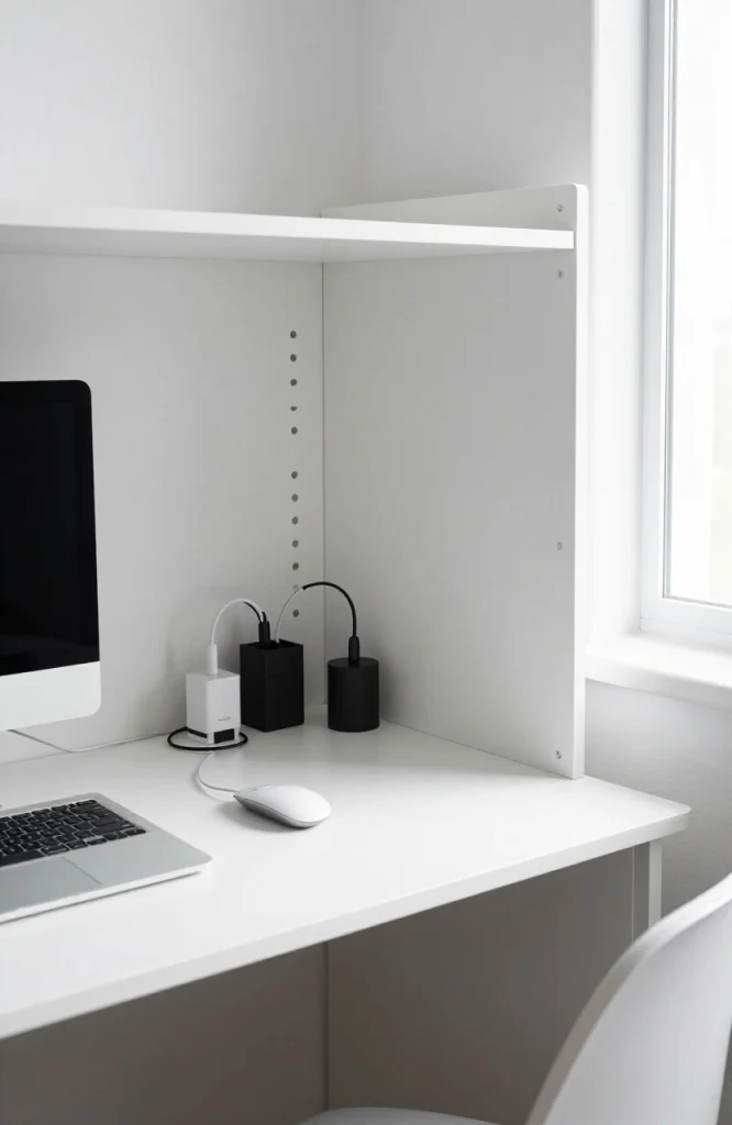 Small desk hutch with built-in cable management system organizing wires and cords for a clean workspace