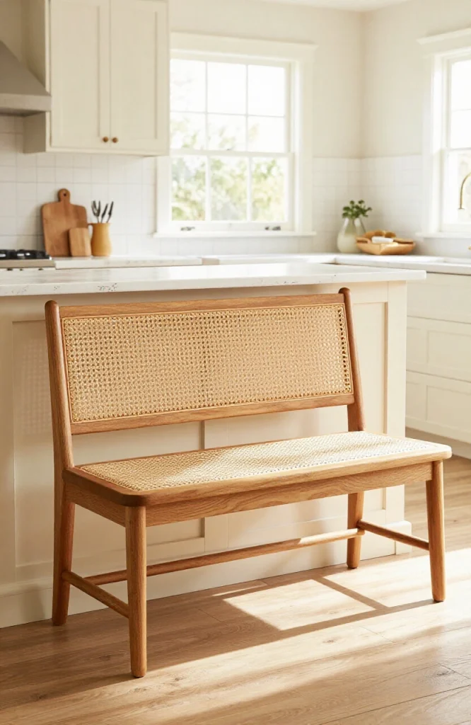 DIY bench backrest with woven cane webbing material creating vintage wicker pattern against wooden frame