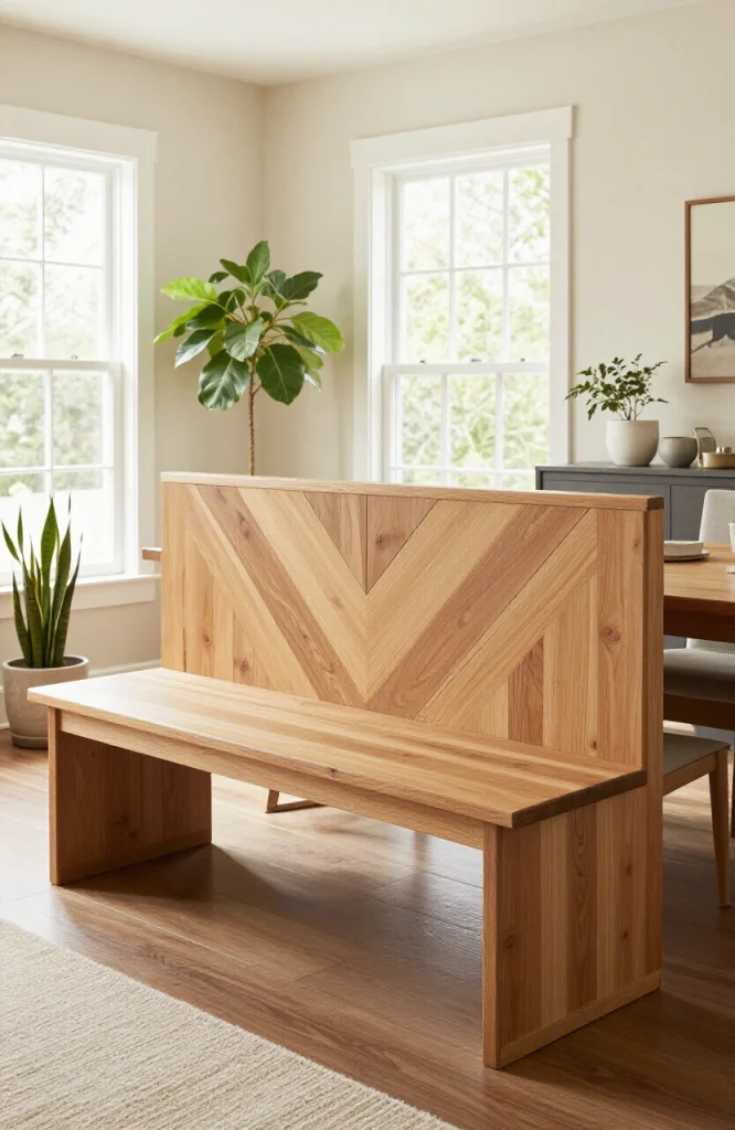 DIY wooden bench backrest with angled chevron slat pattern creating geometric visual texture
