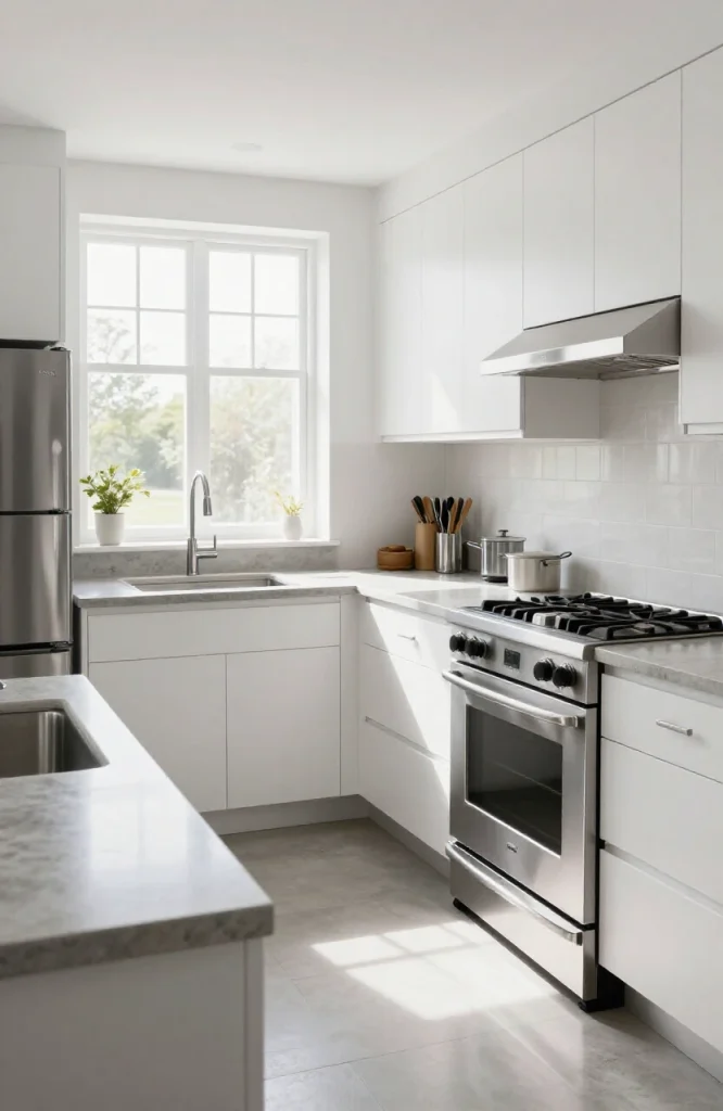 Modern parallel kitchen with classic work triangle layout showing sink, stove, and refrigerator positioned for optimal workfl