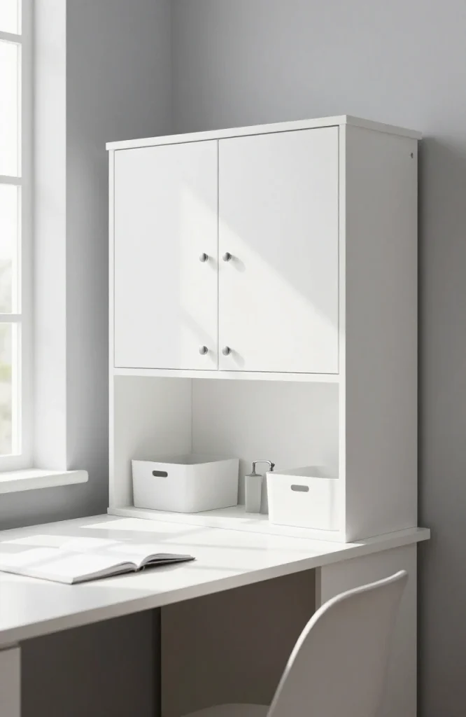 Compact desk hutch with closed cabinets and storage compartments for organizing office supplies and hiding clutter