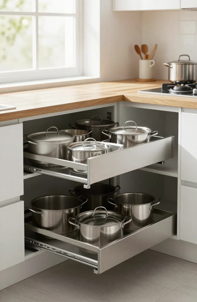 Modern parallel kitchen with closed cabinetry and pull-out drawer storage system for organized workspace