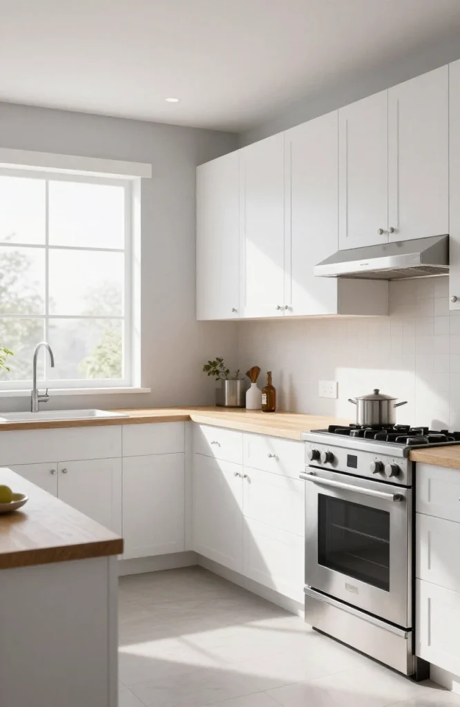 Side by side comparison of kitchen color schemes with light colors for small kitchens and bold colors for large kitchens