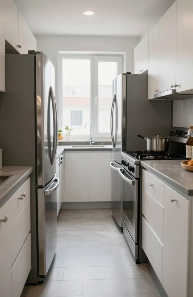 Parallel kitchen layout showing poor spacing and workflow inefficiencies to avoid during design planning