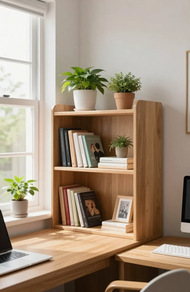 Small desk hutch with shelving units mounted above compact workspace for dorm room organization
