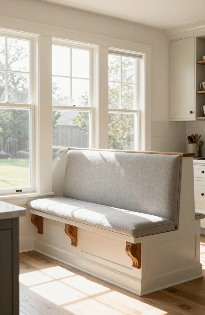 DIY built-in bench with corbel-supported backrest providing structural support and custom seating comfort