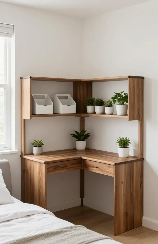 Corner desk hutch with shelving units maximizing awkward angle space in compact home office