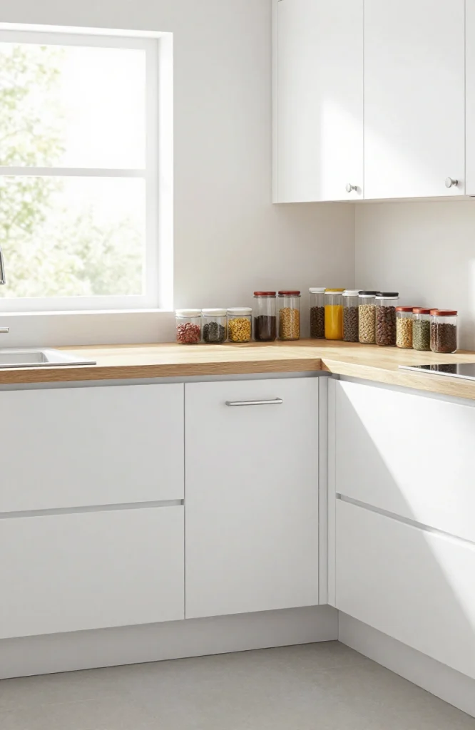 Modern parallel kitchen corner storage cabinet with pull-out drawers and shelving for efficient use of awkward corner space