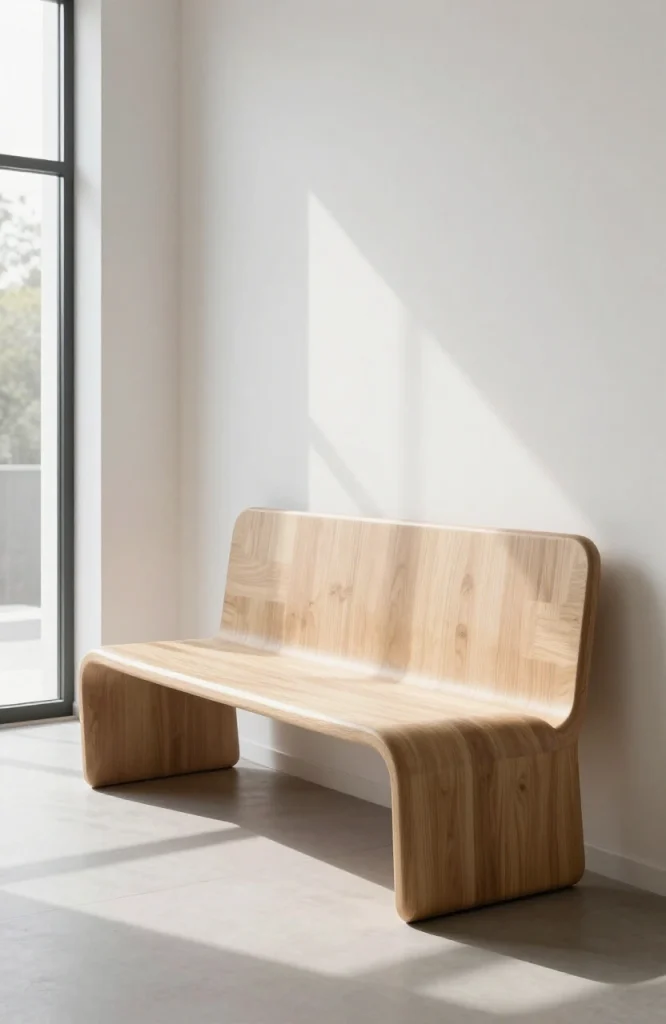 DIY curved bent-plywood backrest with smooth contoured lines creating modern silhouette on wooden bench