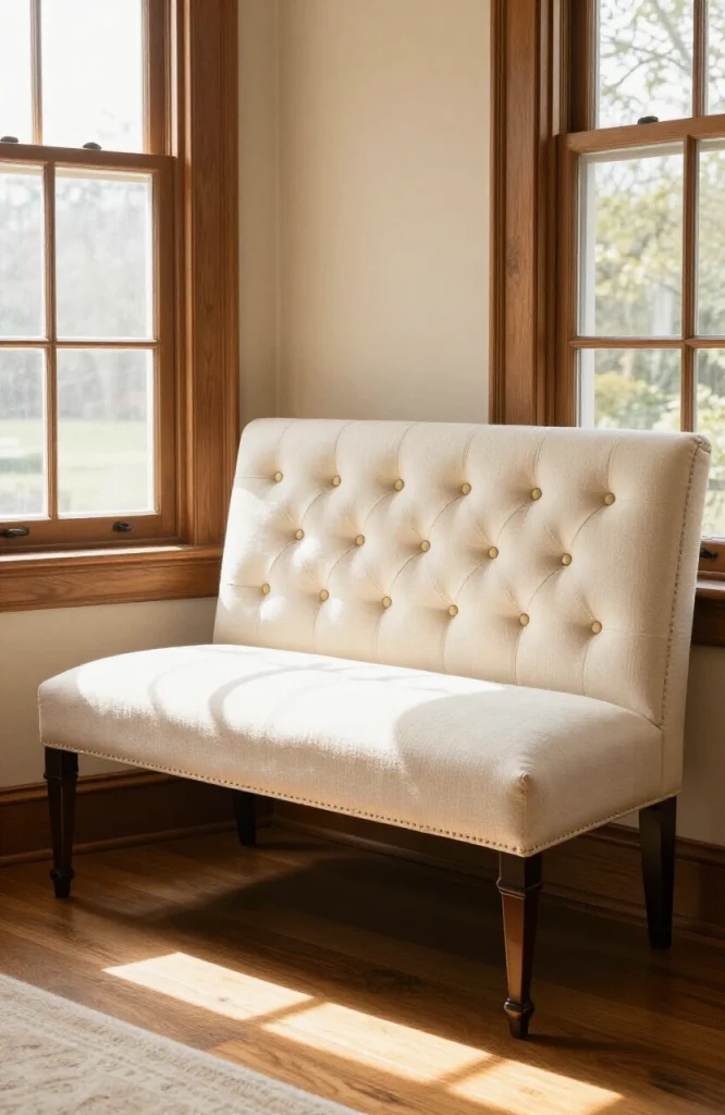 Diamond-tufted backrest with deep button detailing and traditional upholstered design on wooden bench frame