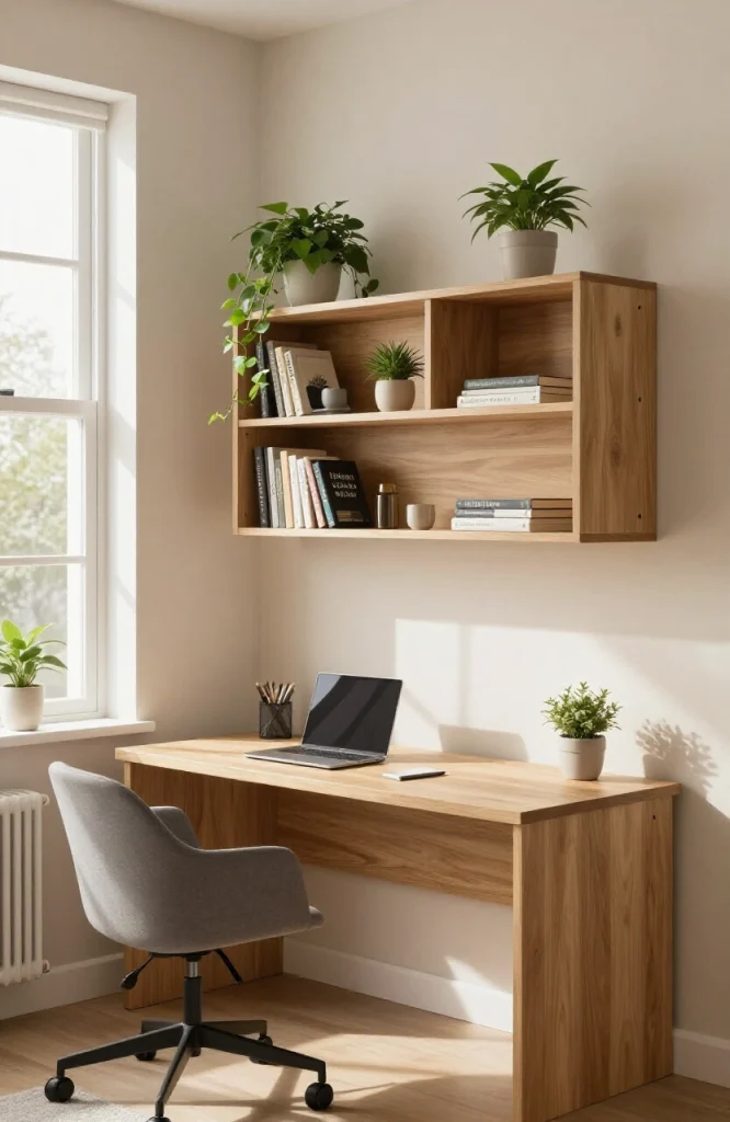 DIY wooden hutch attachment mounted above small desk with open shelving and storage compartments in home office