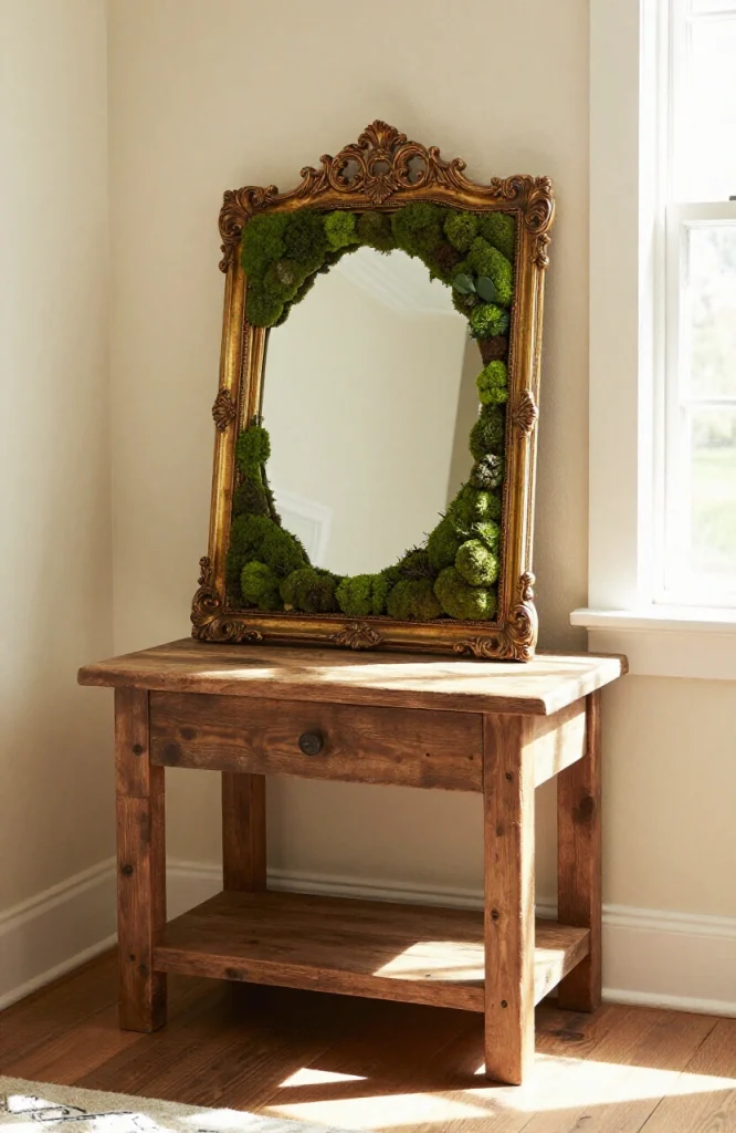 DIY moss mirror craft made from a thrifted wooden frame filled with preserved moss and a circular mirror in the center