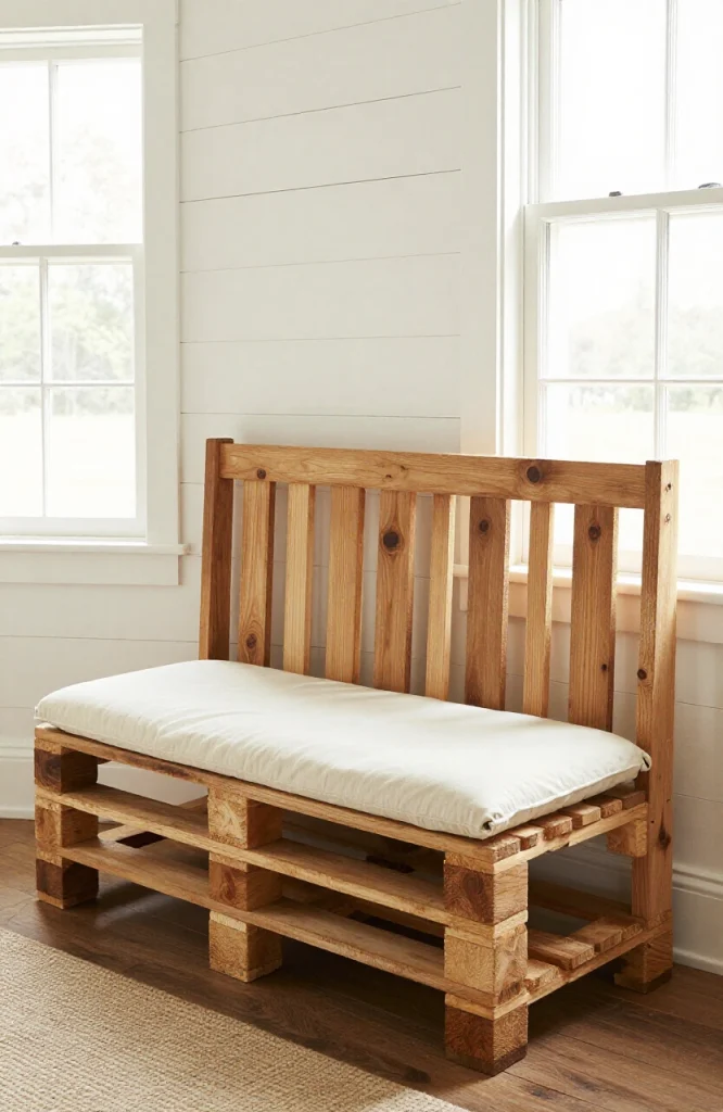 Wooden bench with rustic pallet wood backrest made from reclaimed materials