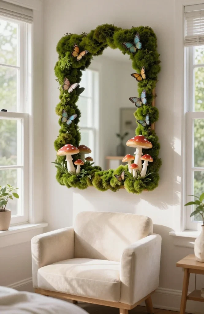 Decorative moss mirror with mushrooms, butterflies, and forest elements in fairycore style