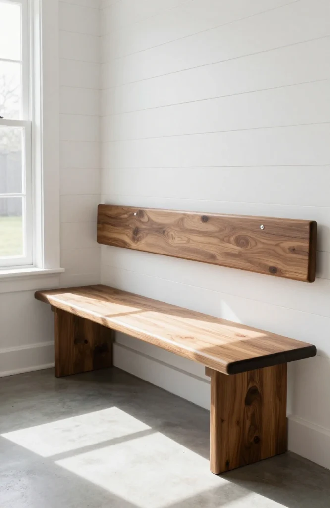 Minimalist wooden bench with thin floating ledge backrest mounted to wall