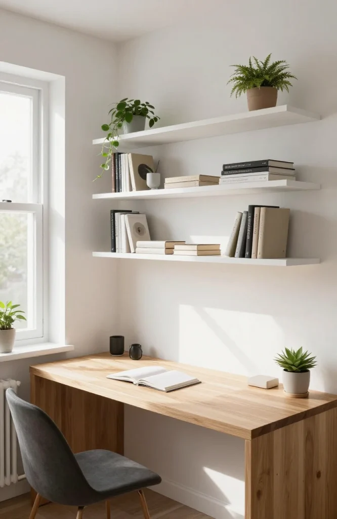 Floating wall-mounted desk hutch with open shelving above compact workspace, ideal for rental apartments and small offices