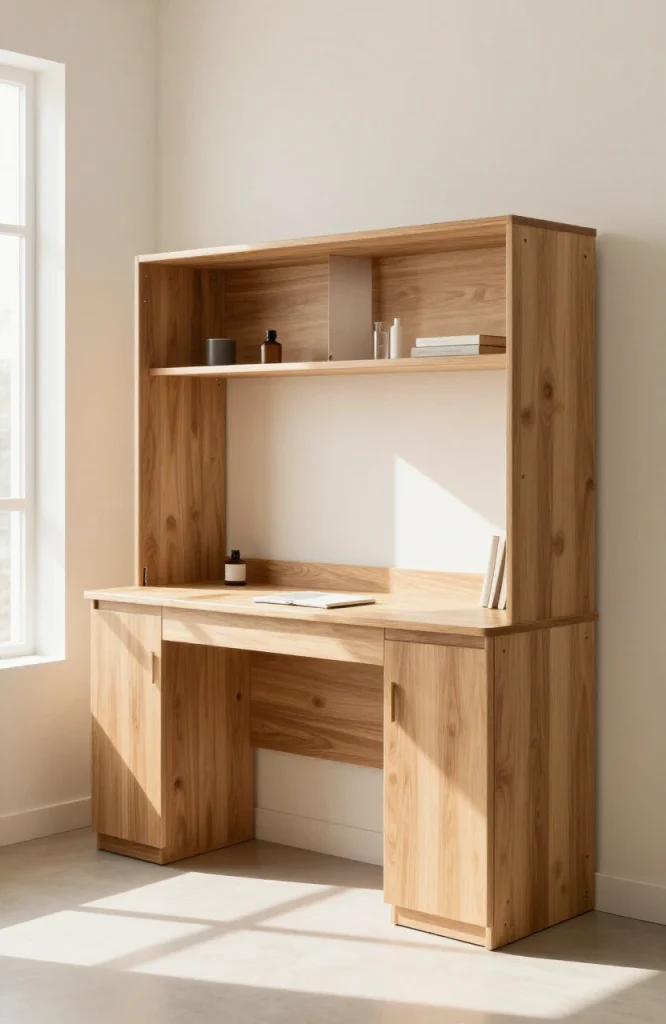 Compact fold-down murphy hutch desk mounted on wall with closed cabinet doors and minimal footprint for small home office spa