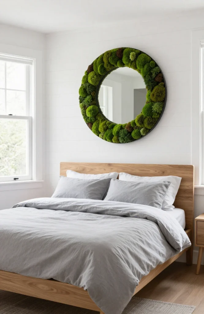 Large moss mirror with complete moss coverage and no visible frame edge creating seamless wall art