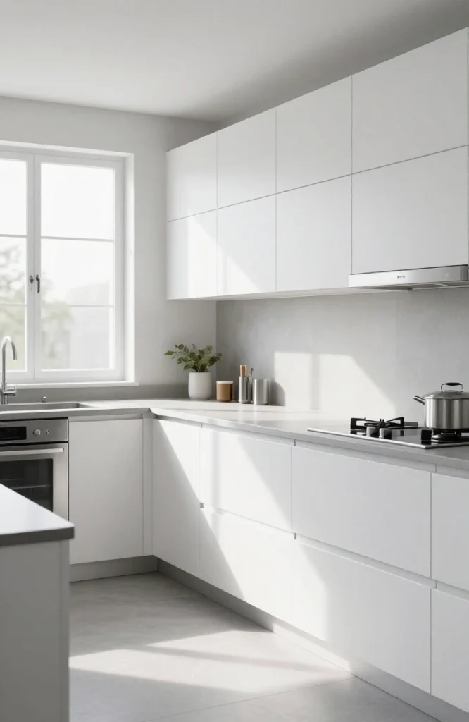 Modern parallel kitchen with sleek handleless cabinets featuring clean lines and unbroken surfaces in minimalist style