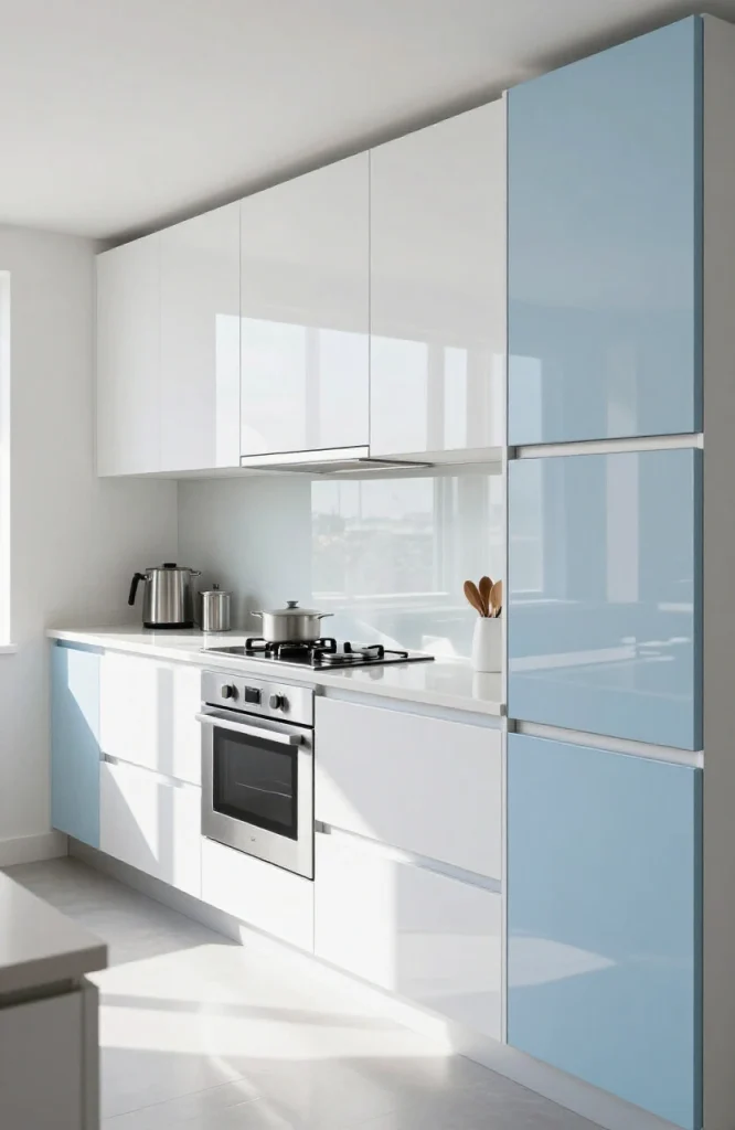 Modern parallel kitchen with high-gloss white cabinetry and reflective surfaces creating bright, luminous kitchen space