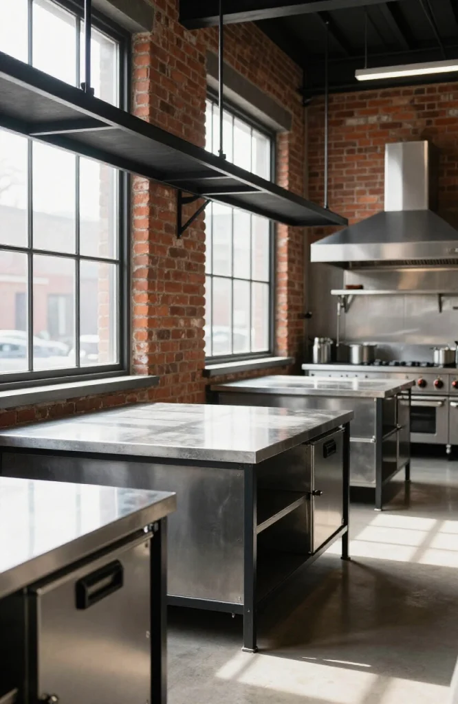 Industrial parallel kitchen featuring exposed brick walls, metal shelving, concrete countertops, and stainless steel applianc