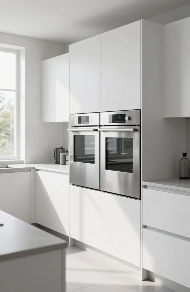 Modern parallel kitchen showing integrated built-in appliances seamlessly matched to cabinetry alongside freestanding stove a