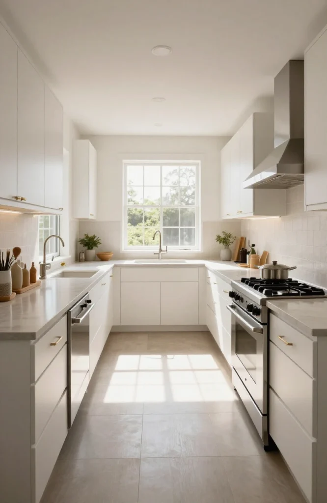 Overhead view of parallel kitchen layout showing proper walkway width and safety clearance measurements between facing counte