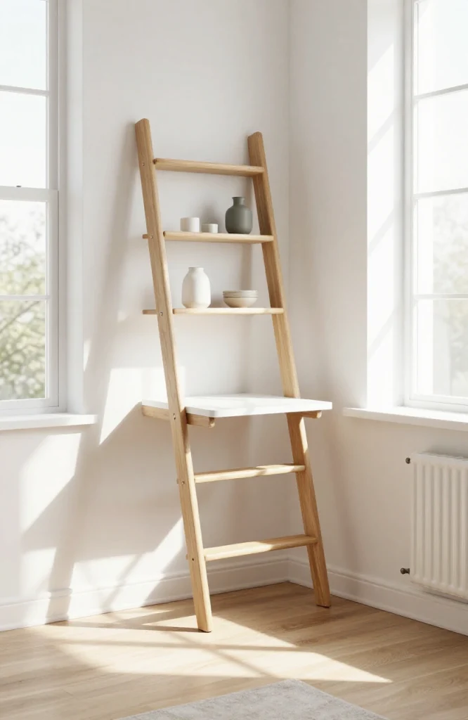 Wooden ladder-style hutch with leaning frame design positioned above a small desk in a home office