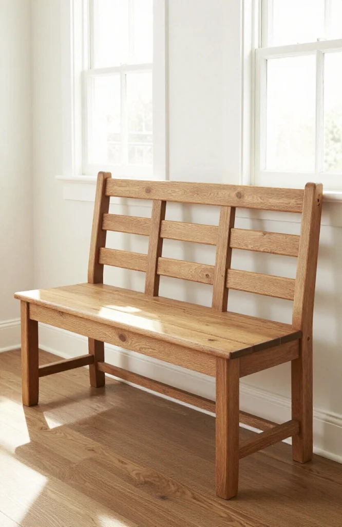 Wooden ladder-style slat backrest attached to a DIY bench, showing horizontal wooden slats evenly spaced for ergonomic back s