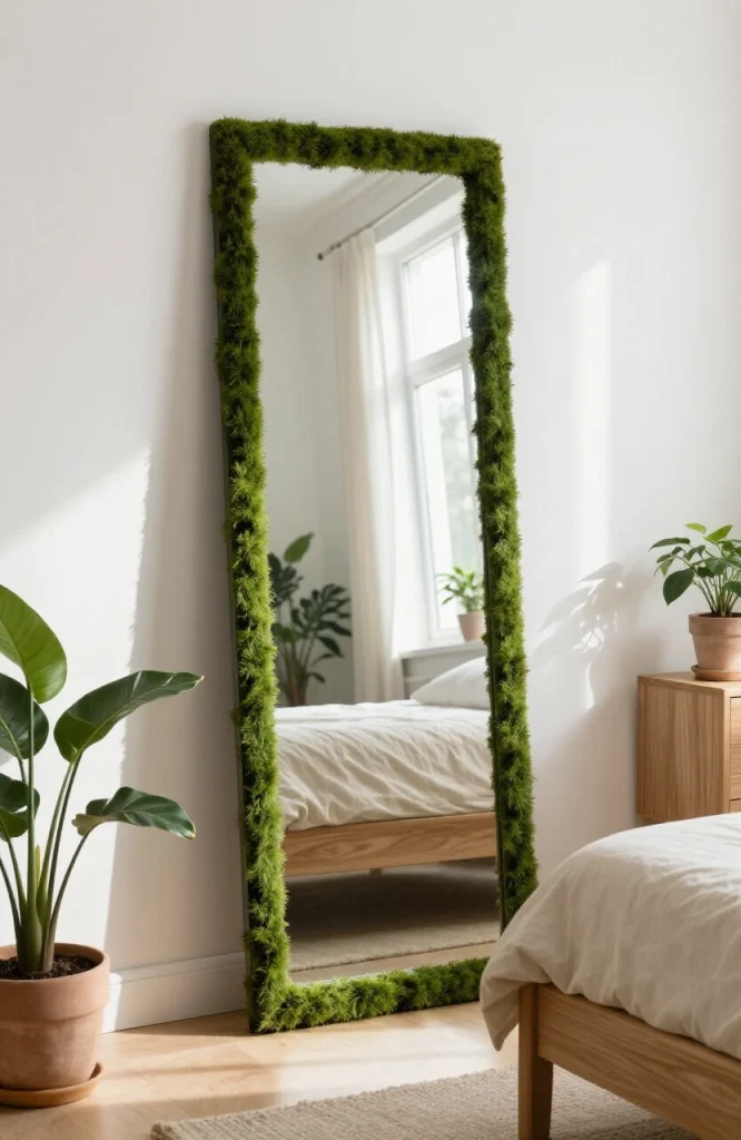 Large moss-framed mirror mounted on white wall in small bedroom with natural light creating statement focal point