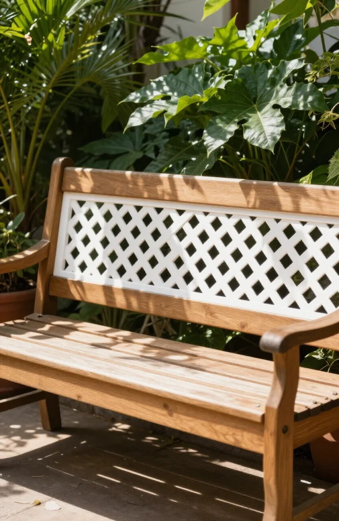 Wooden lattice backrest attached to outdoor bench creating airy garden-style seating with cross-pattern design