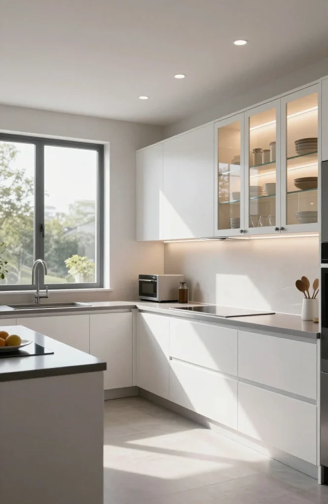 Parallel kitchen with layered lighting design featuring overhead recessed lights, under-cabinet task lighting, and pendant li