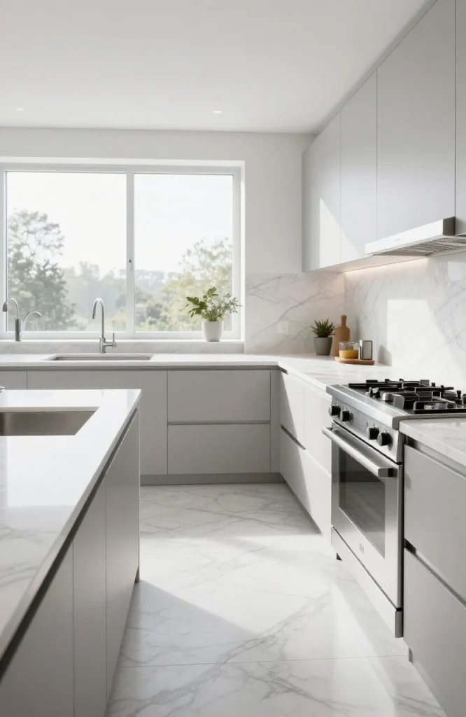 Modern parallel kitchen with marble countertop and natural stone backsplash featuring sleek cabinetry and integrated applianc