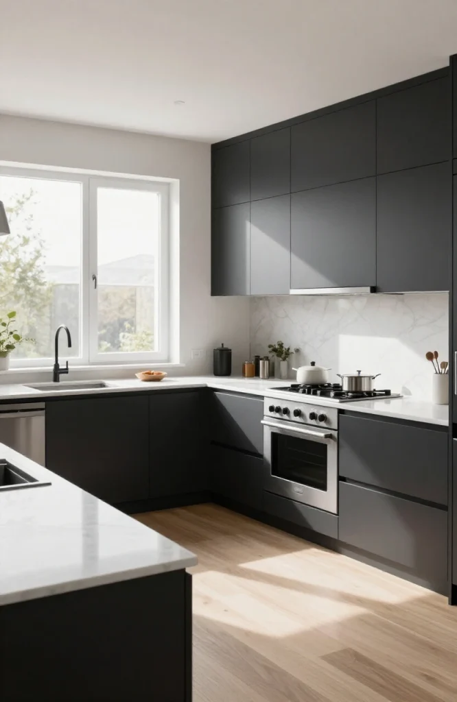 Modern parallel kitchen with matte black cabinetry, minimalist countertops, and contemporary appliances in sleek arrangement