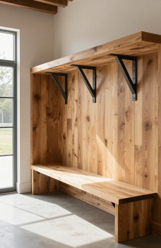 Metal bracket support system for DIY bench backrest providing sturdy structural support for custom seating