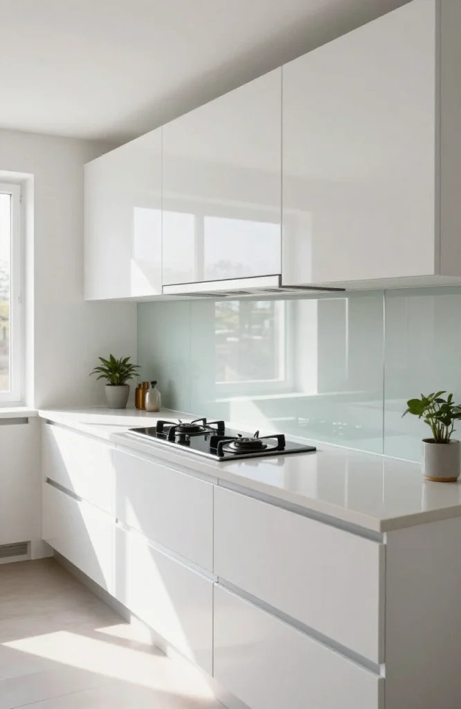 Modern narrow kitchen with reflective mirrored backsplash behind stove, creating illusion of wider space with white cabinetry