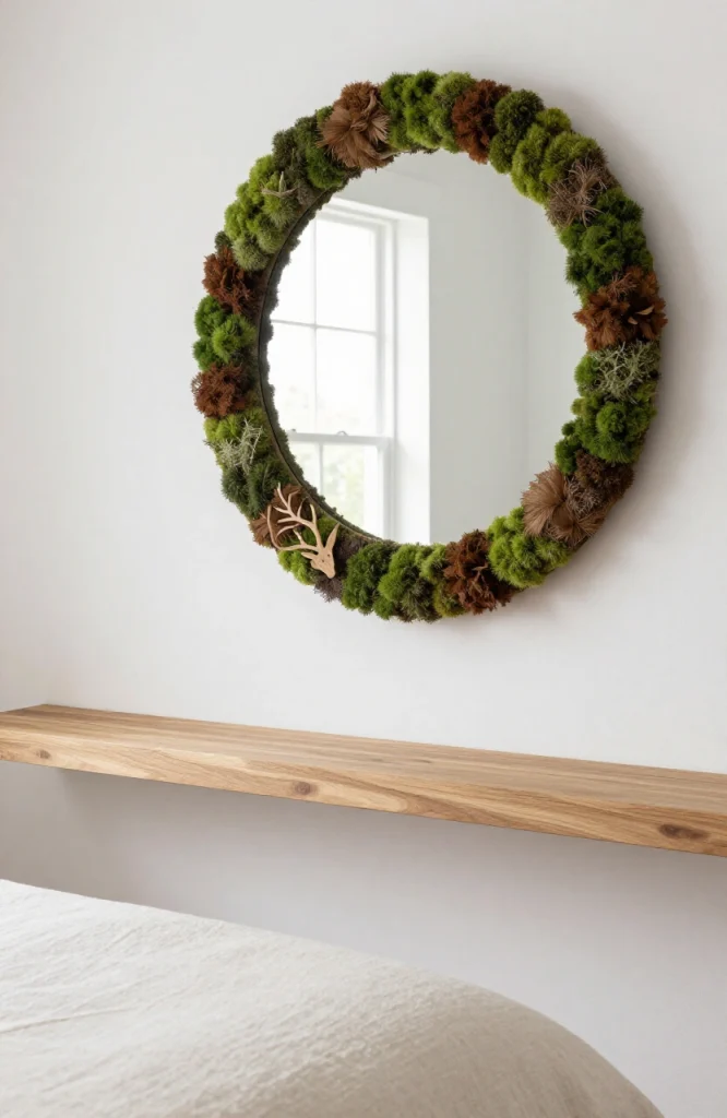 Mixed moss mirror frame featuring multiple moss textures in green shades for indoor wall decoration