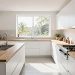 Modern parallel kitchen with white cabinetry, stainless steel appliances, and sleek countertops featuring two parallel work z