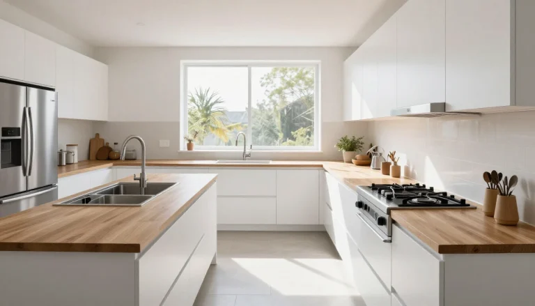 Modern parallel kitchen with white cabinetry, stainless steel appliances, and sleek countertops featuring two parallel work z