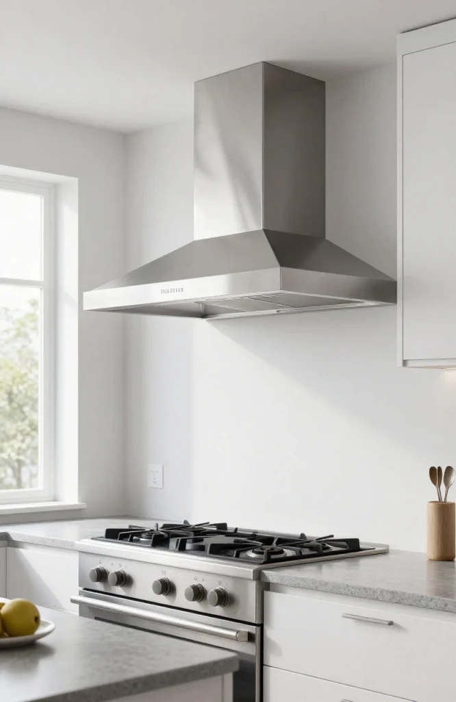 Contemporary parallel kitchen with sleek stainless steel range hood and modern ventilation system integrated into overhead ca