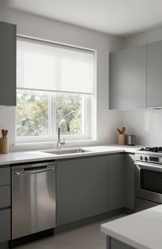 Contemporary parallel kitchen featuring large windows, natural light, sleek cabinetry, and modern window treatments for optim