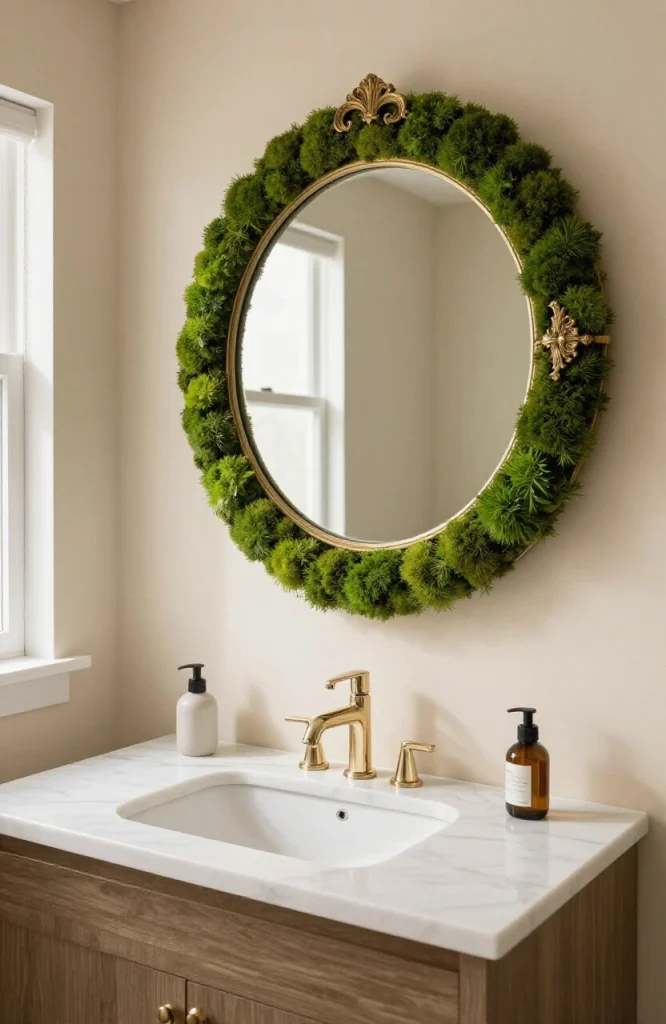 Moss-framed mirror mounted above bathroom vanity bringing natural outdoor aesthetic to interior space