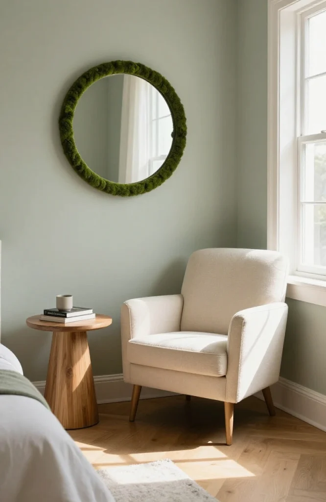 Moss mirror mounted above a bedroom reading nook with natural wood frame and green moss accents