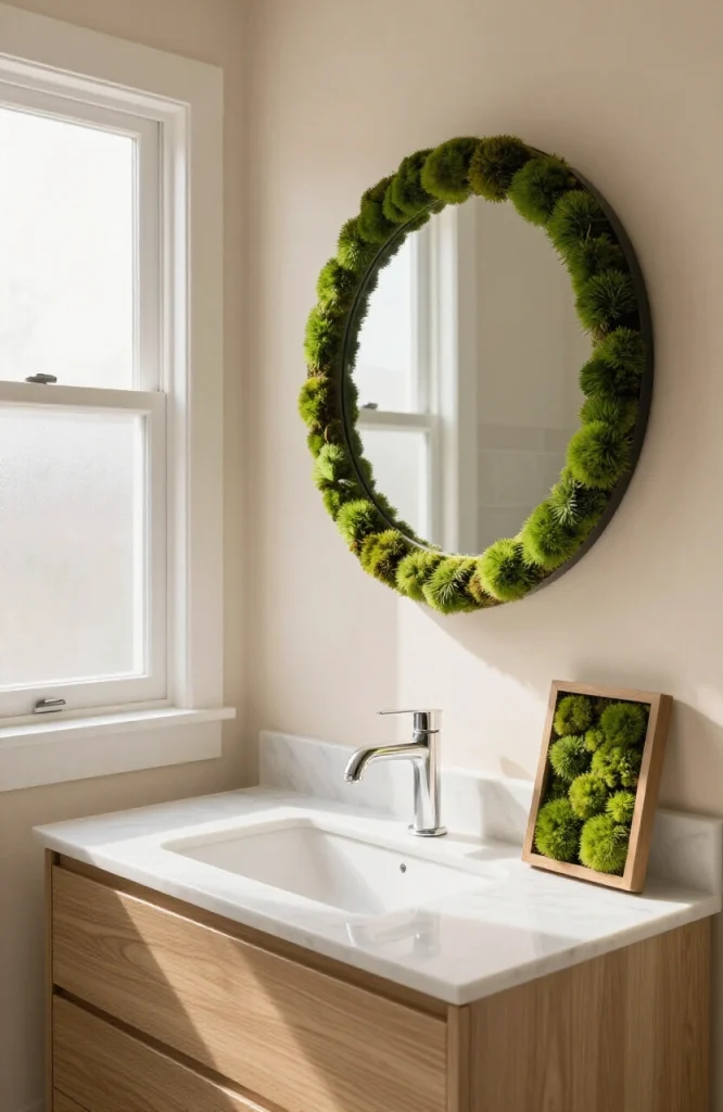 Person installing and maintaining a moss mirror on wall showing proper hanging technique and care methods